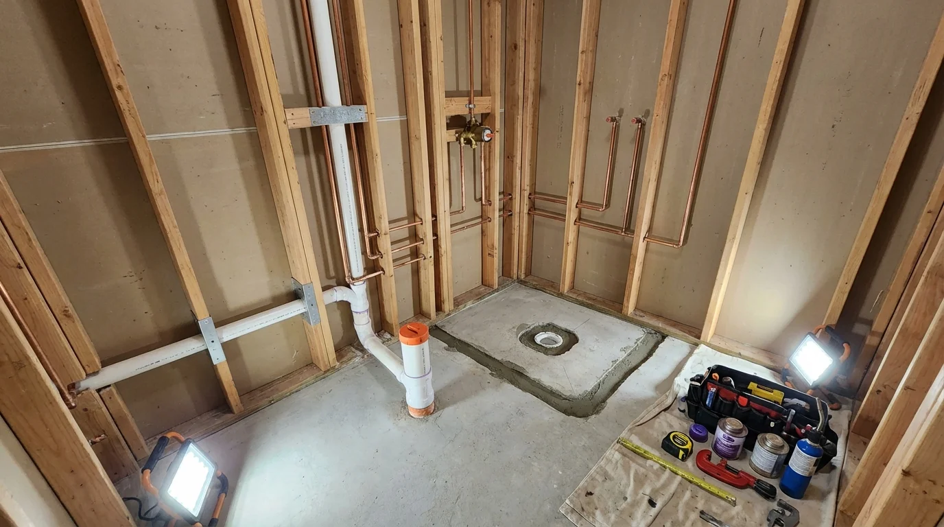 Bathroom rough-in plumbing during remodel by Johns Plumbing LLC in Collegeville