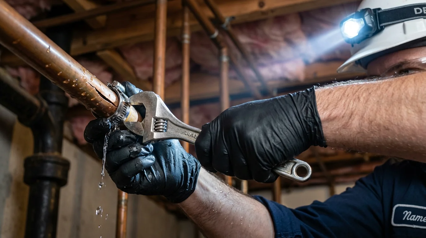 Emergency pipe clamp repair being performed by a Johns Plumbing LLC plumber in Collegeville