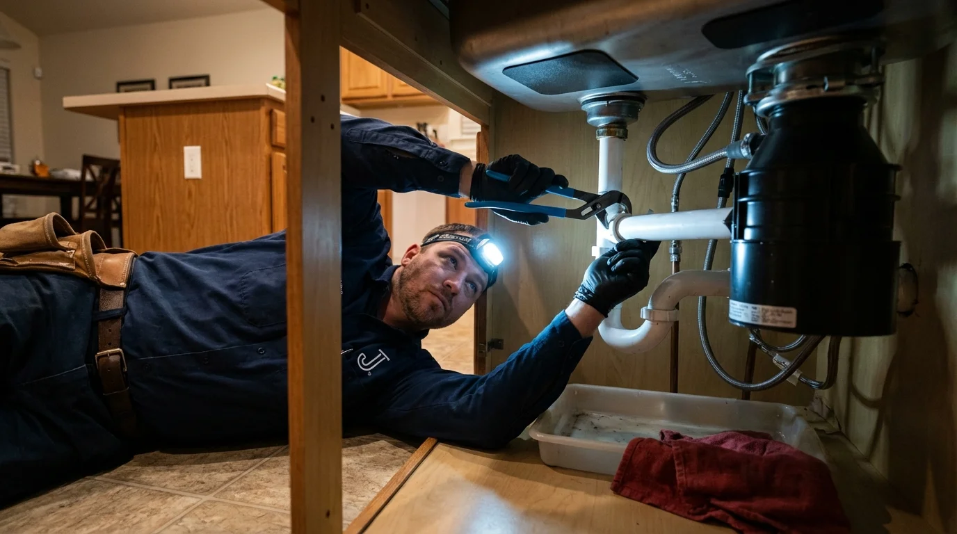 P-trap and supply line connections under a kitchen sink showing a common leak point in Collegeville, PA